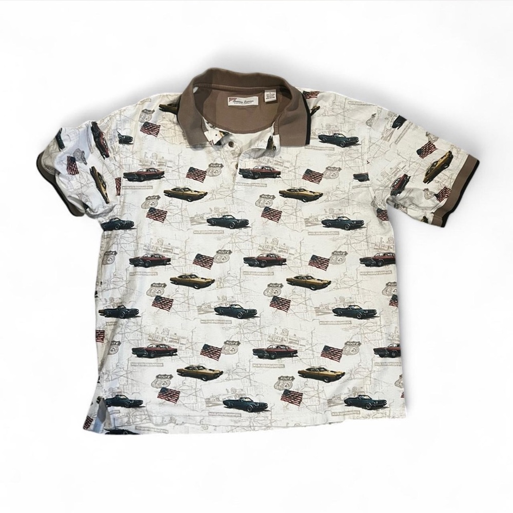 Vintage Car Print Men's Polo Shirt - Brown and White
